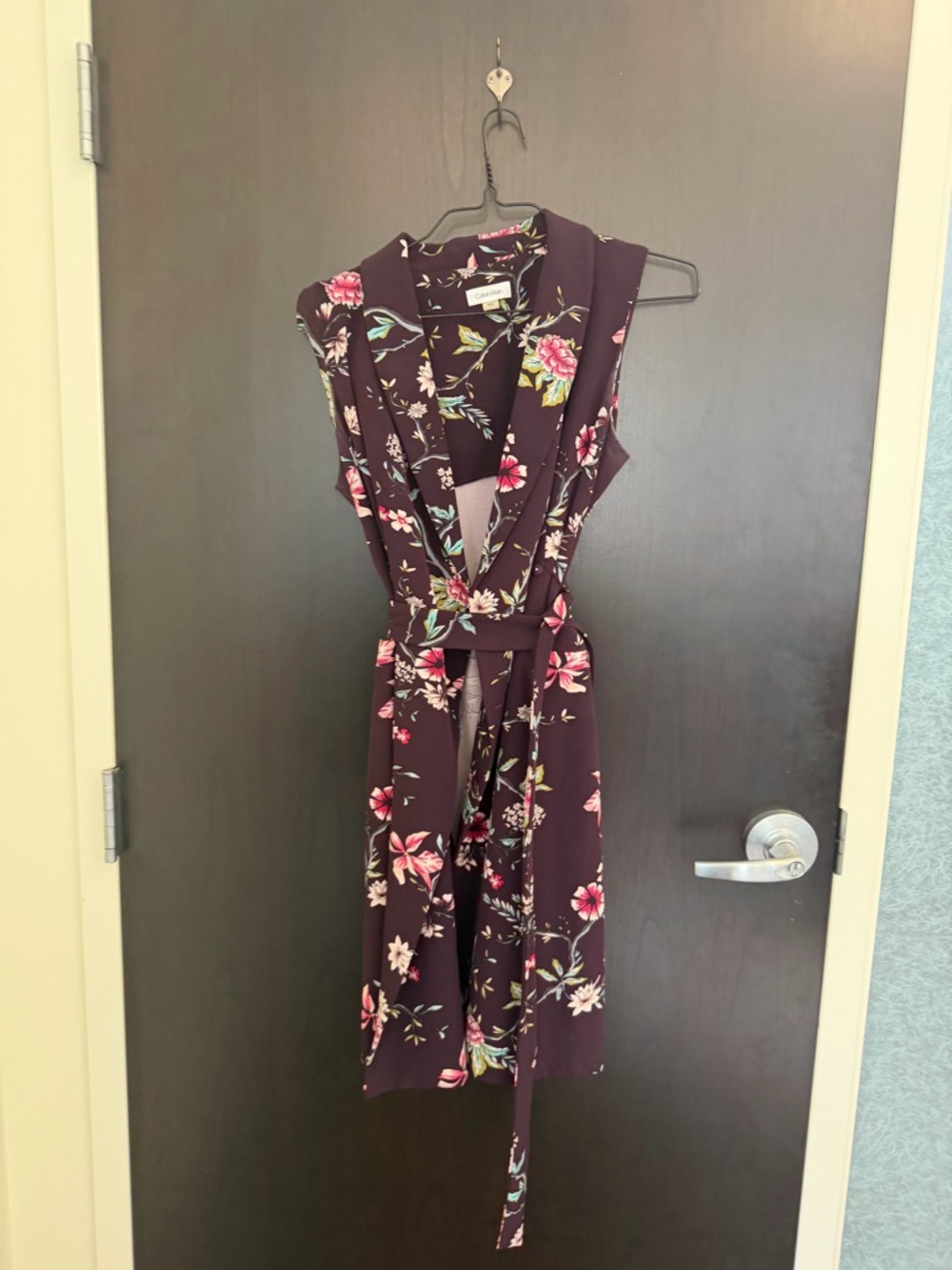 Calvin Klein Women’s Plum Floral Wrap Belted Cap Sleeve A-Line Dress